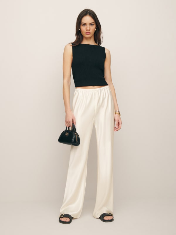 Gale Satin Mid Rise Bias Pant - Fior Di Latte